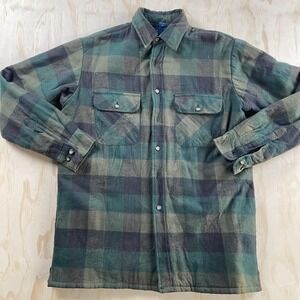 Towncraft Shirt Jacket Mens Medium Green Plaid Quilted Flannel Lined Workwear
